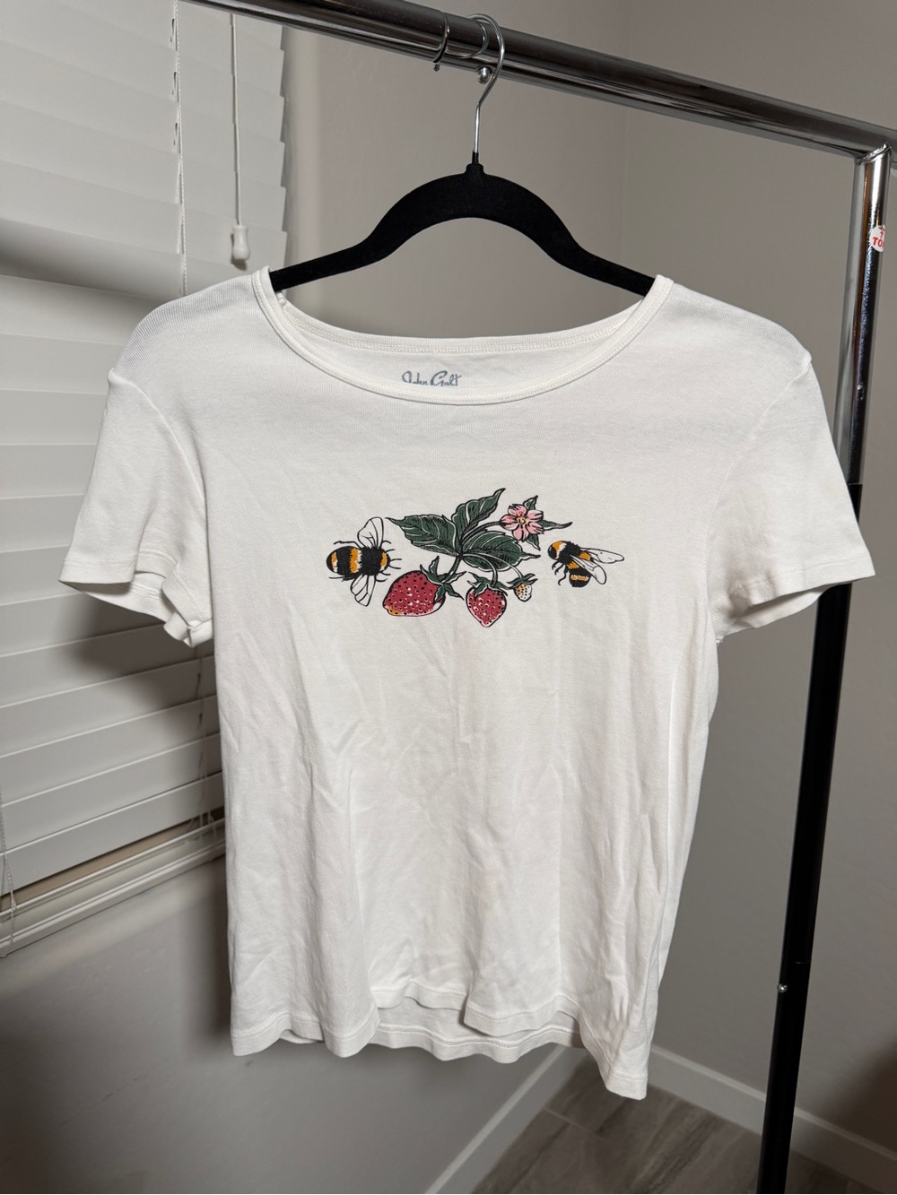 Brandy Melville White Tee with Red Strawberry & Yellow Bee Graphic